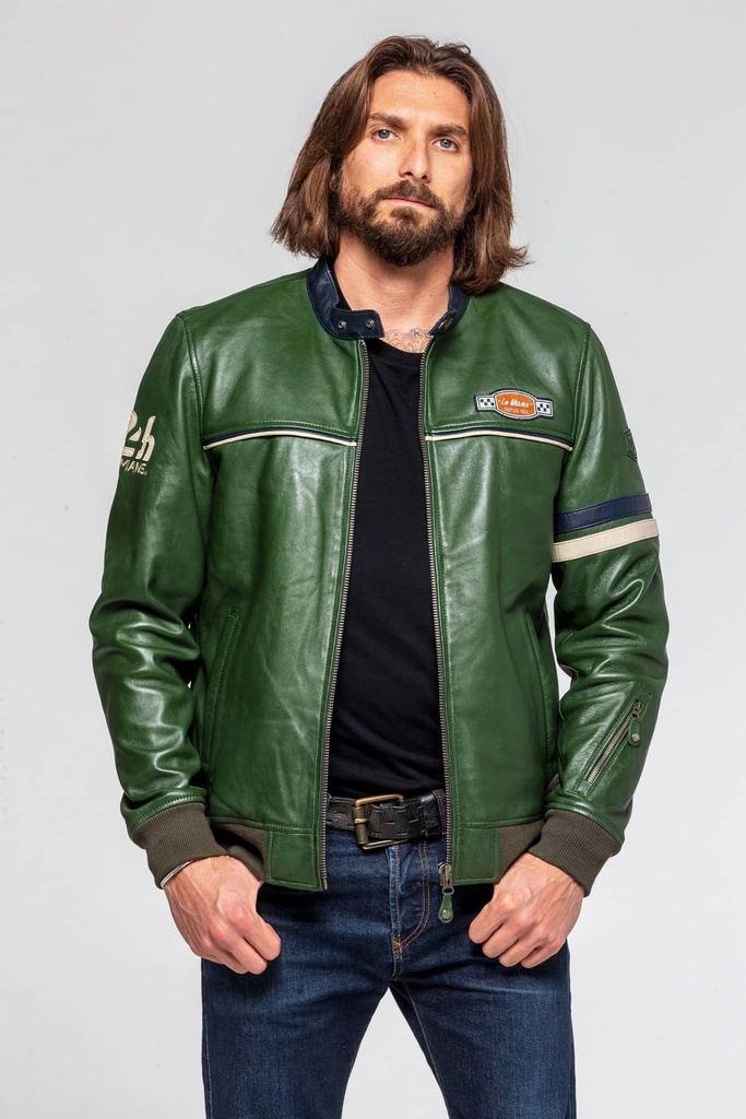 Blouson cuir Miles Green Green/Navy