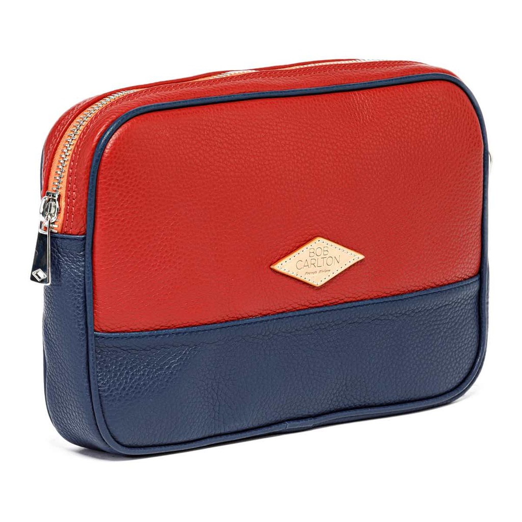 Pochette en Cuir grainé rouge et bleu marine