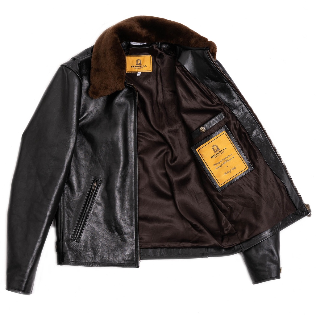 “Varenne” Fur Collar Black Horsehide Leather Jacket