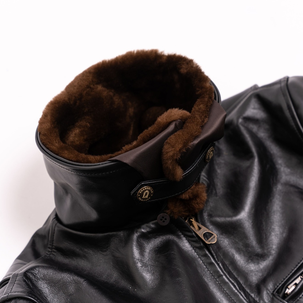 “Varenne” Fur Collar Black Horsehide Leather Jacket