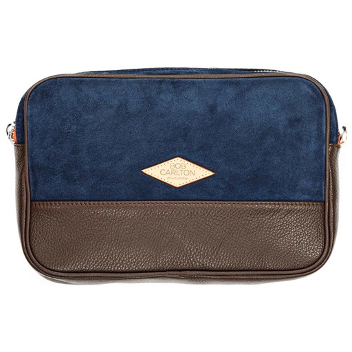 [4-BO1009] Pochette en velours bleu marine et cuir grainé chocolat